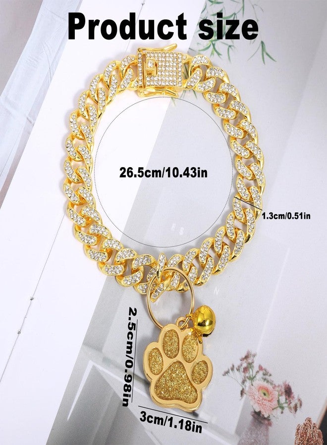 Eldraqth Cat Collar Diamond Cat Chain Collar Metal Pet Necklace with Paw Charm and ID Tag Bell Bling Pet Collars Cuban Link Jewelry Accessories for Small Medium Dogs Cats Puppy Kittens (Gold, 10 Inch) - Image 2